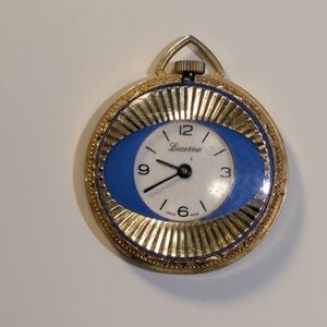 Vintage Lucerne Pendant Watch Swiss Made Floral Gold Tone Blue Enamel RUNS